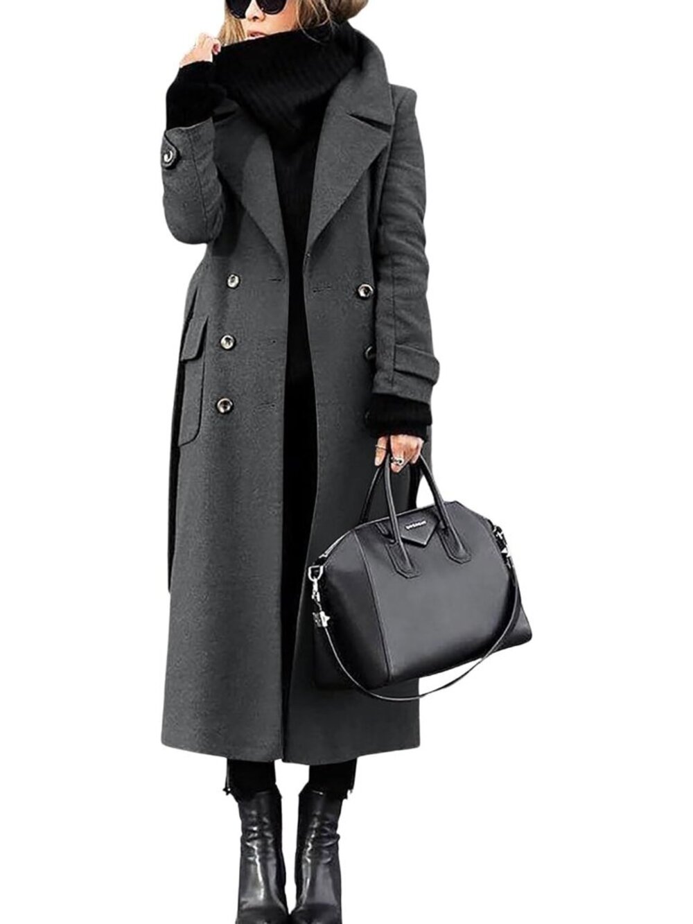 Women's Grey Casual Double Breasted Wool Business Long Winter With Belt Pea Coat